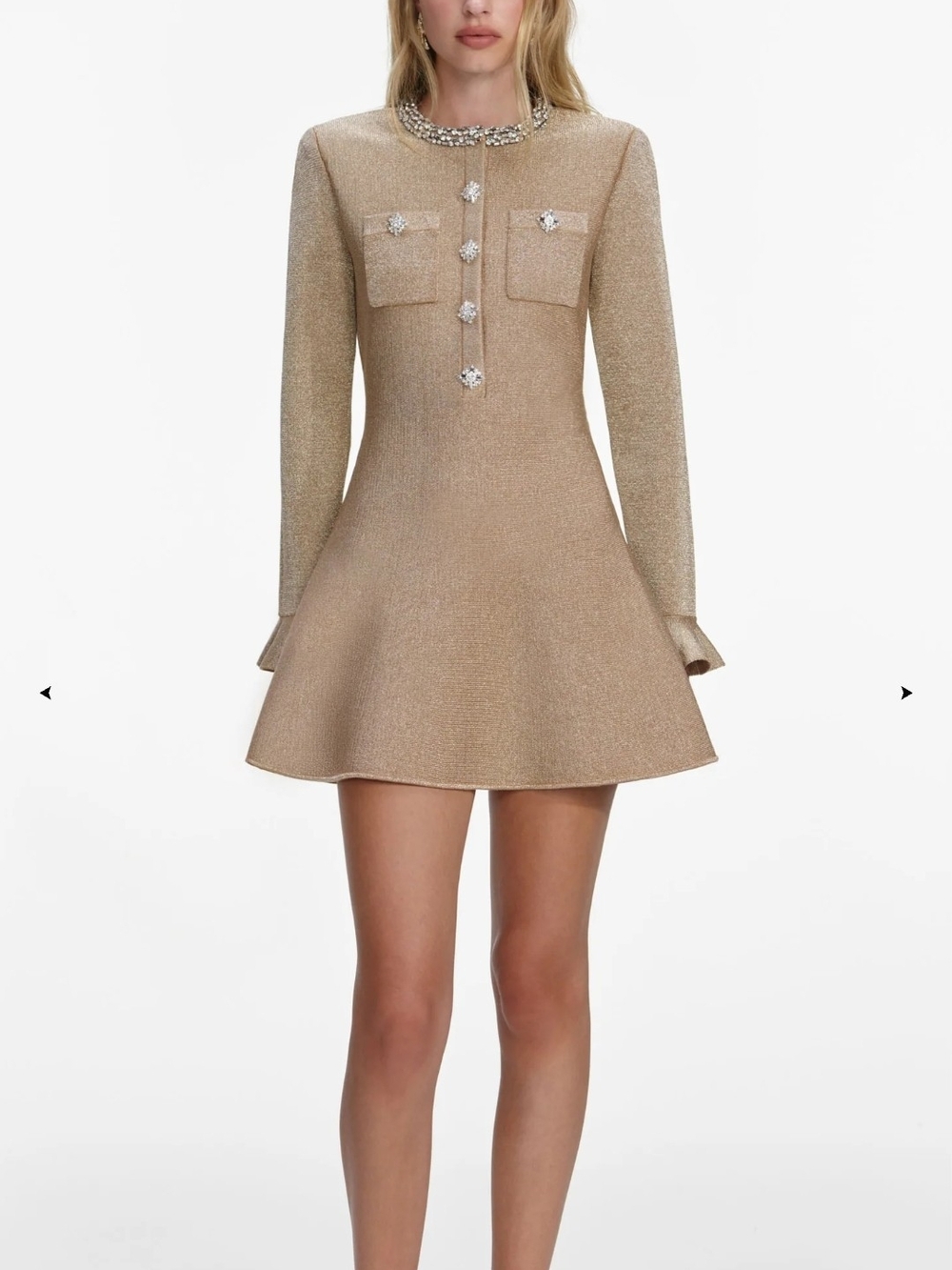 Champagne Metallic Mini Dress with Embellished Collar